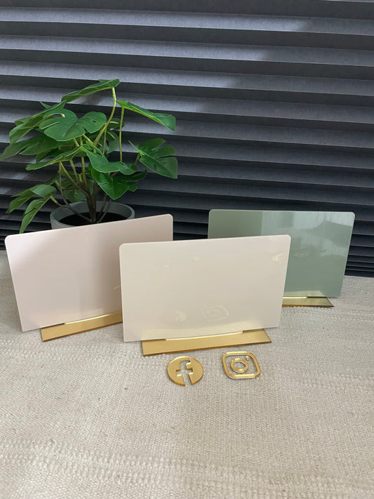 Blank Social Media Sign. Glossy Acrylic Plaque With Gold Stand Base. Includes Facebook And Instagram Icons With Self Adhesive Backing.