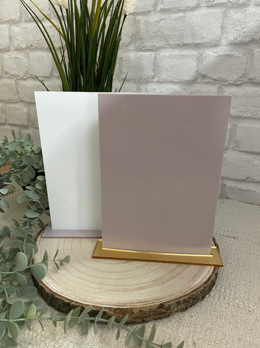 A5 / A6  Blank Acrylic Table Plaque Sign with Gold Stand. Available in many colours for plaques Perfect For Weddings, Social Media Signs etc.