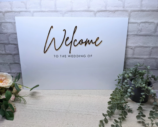 A2 Welcome sign with Acrylic and vinyl lettering ready to personalised. Available in a variety of colours. Beautiful wedding sign