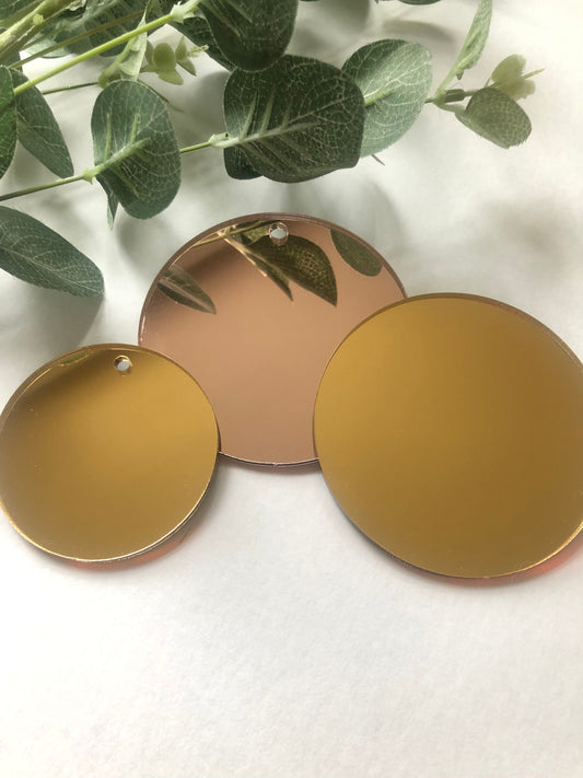 10 x Mirrored Acrylic Circle Blank. Rose Gold, Gold Or Silver. Avail With Or Without Hanging Hole. Perfect for Christmas or Weddings.
